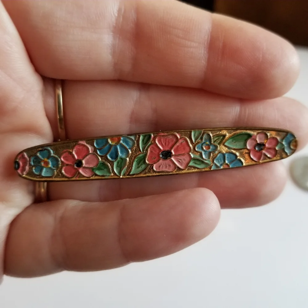 Vintage enamel flowers bar pin pink gold tone brooch floral